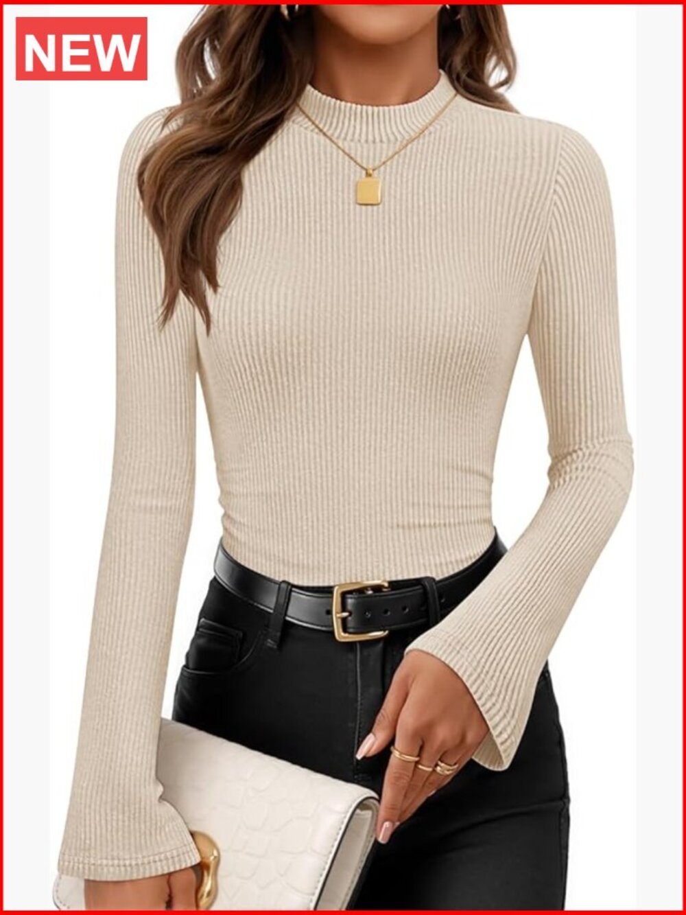Long Sleeve Mock Neck Ribbed Slim Fit Top Polyester Blend